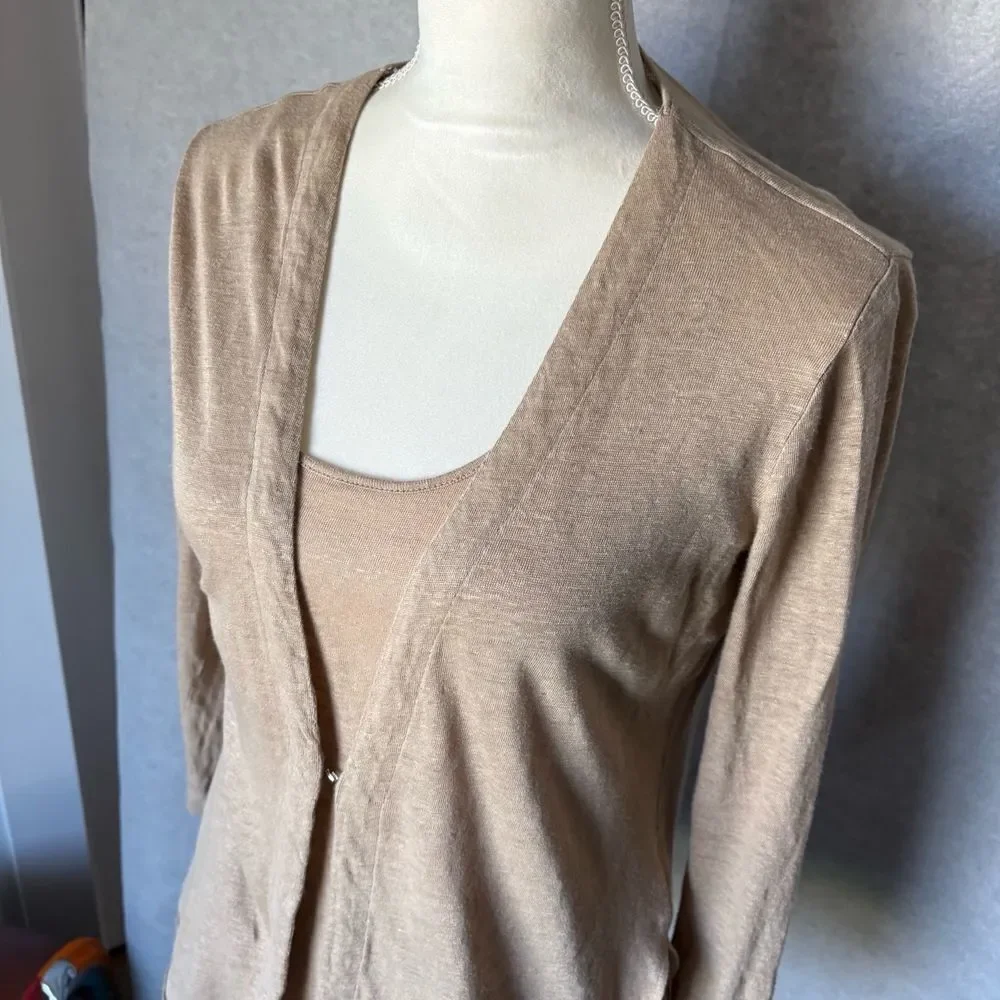 Ecru Cardigan Tank Set Size XS Light Brown Linen Open Front Two Piece Coastal